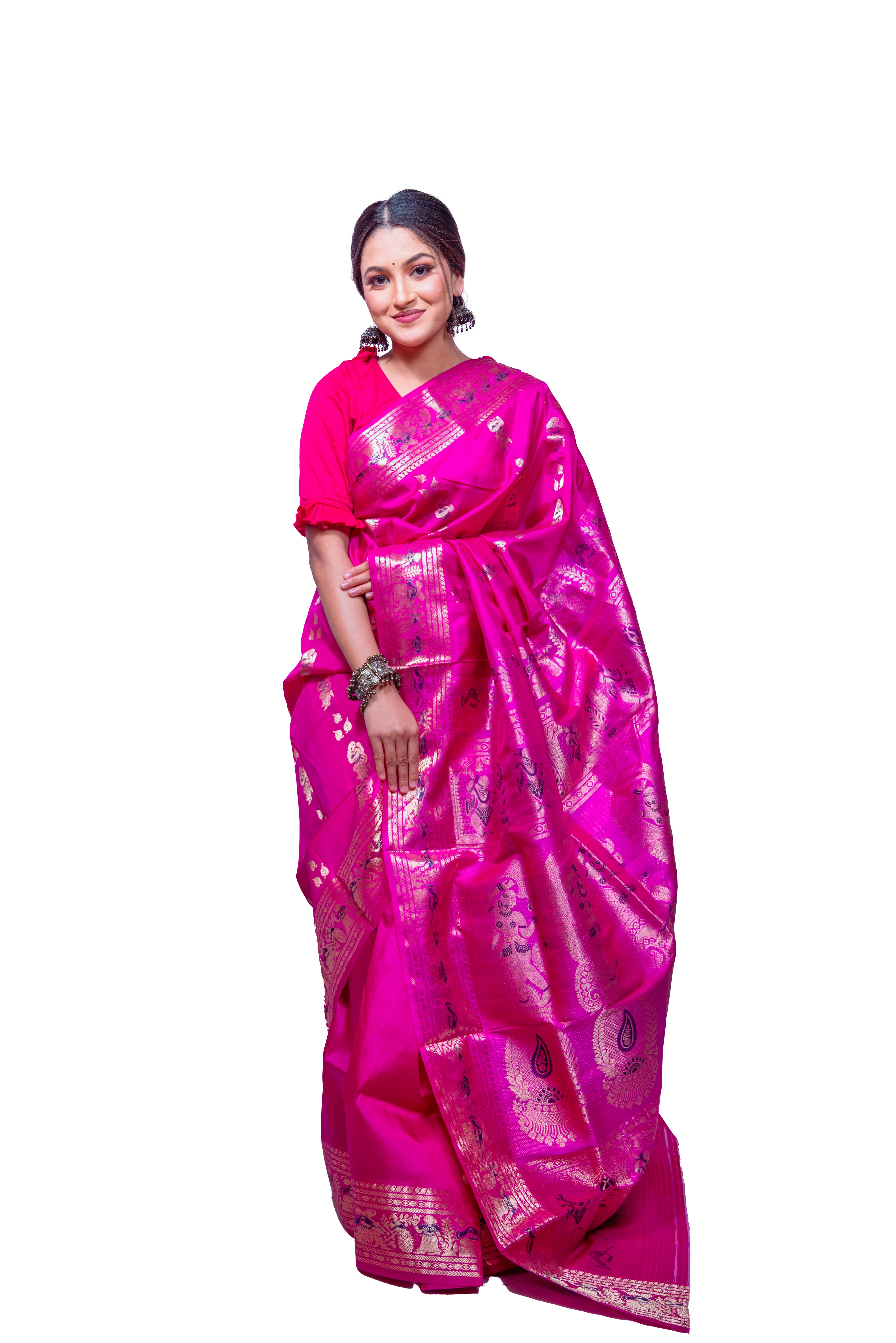 Hot Pink Garad Swarnachuri Silk Saree with Golden Zari Work