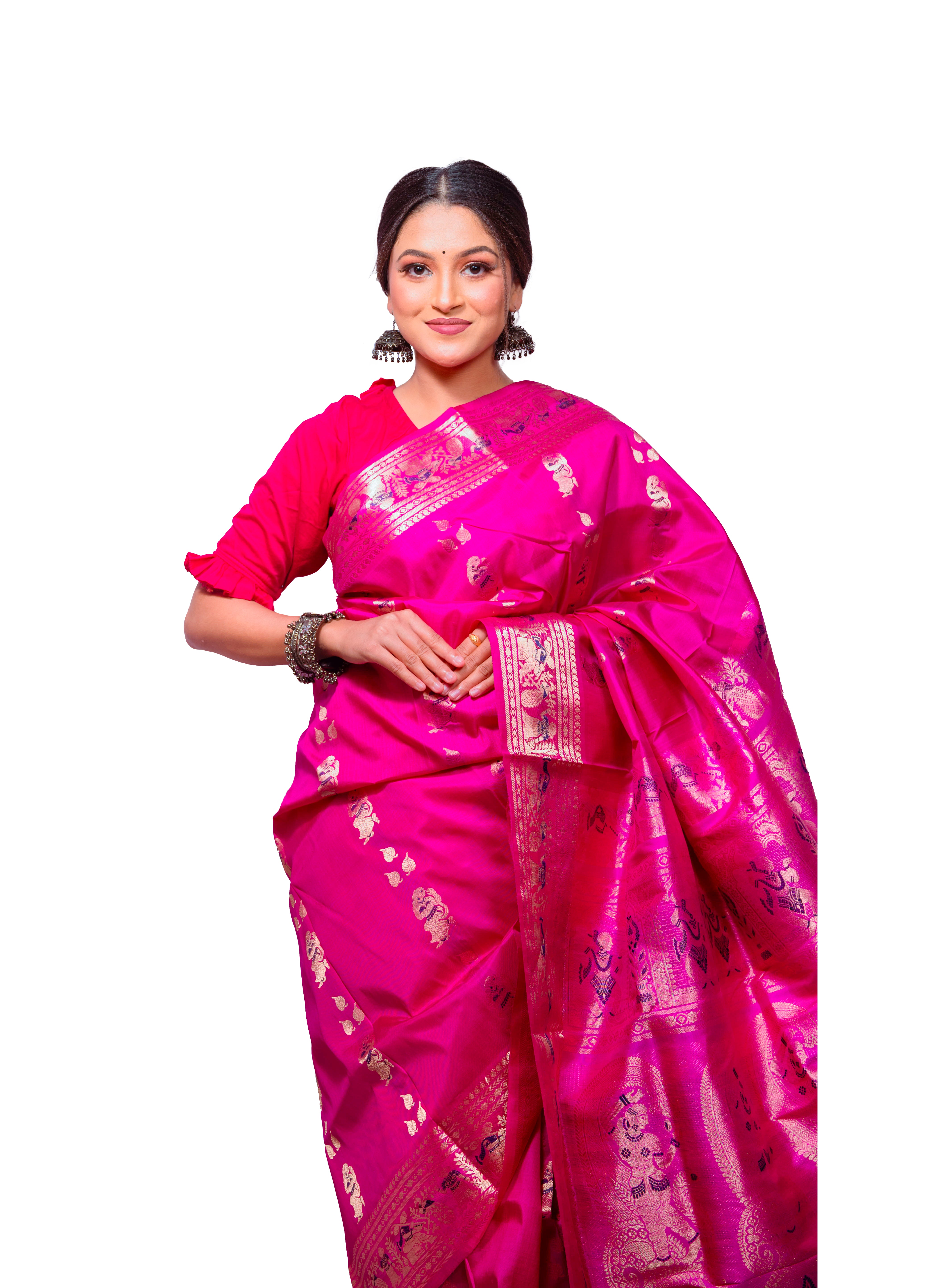 Hot Pink Garad Swarnachuri Silk Saree with Golden Zari Work