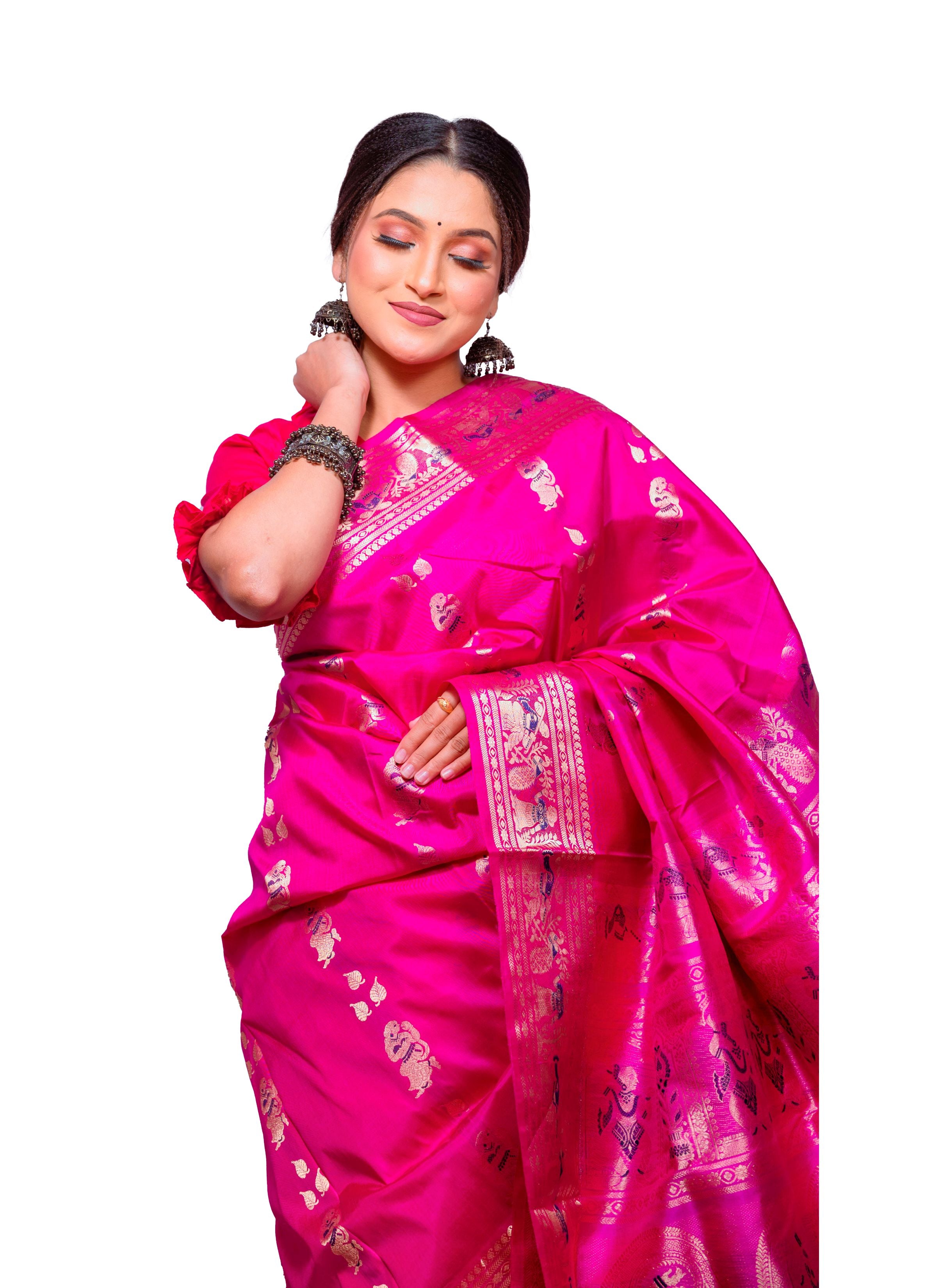 Hot Pink Garad Swarnachuri Silk Saree with Golden Zari Work