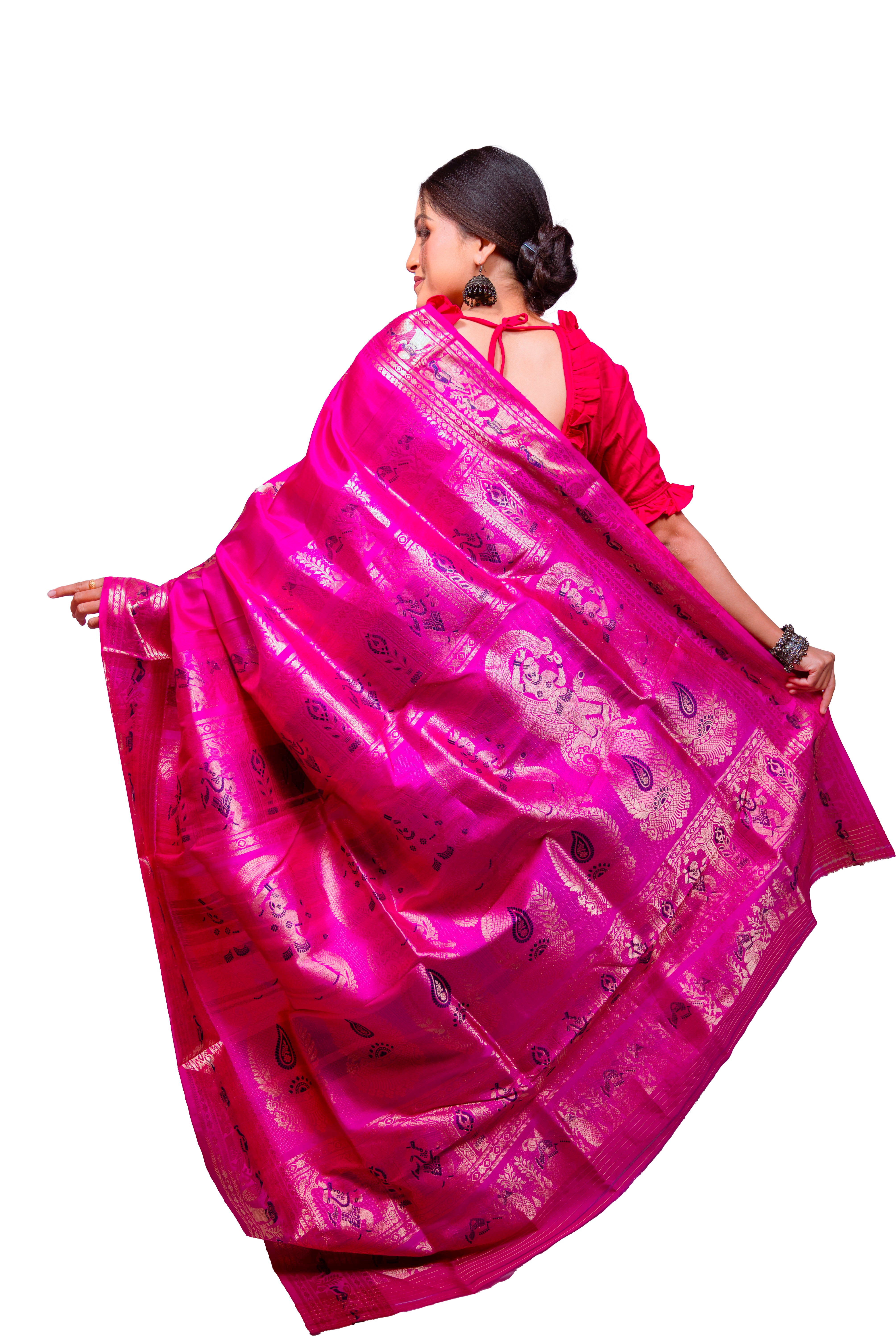 Hot Pink Garad Swarnachuri Silk Saree with Golden Zari Work
