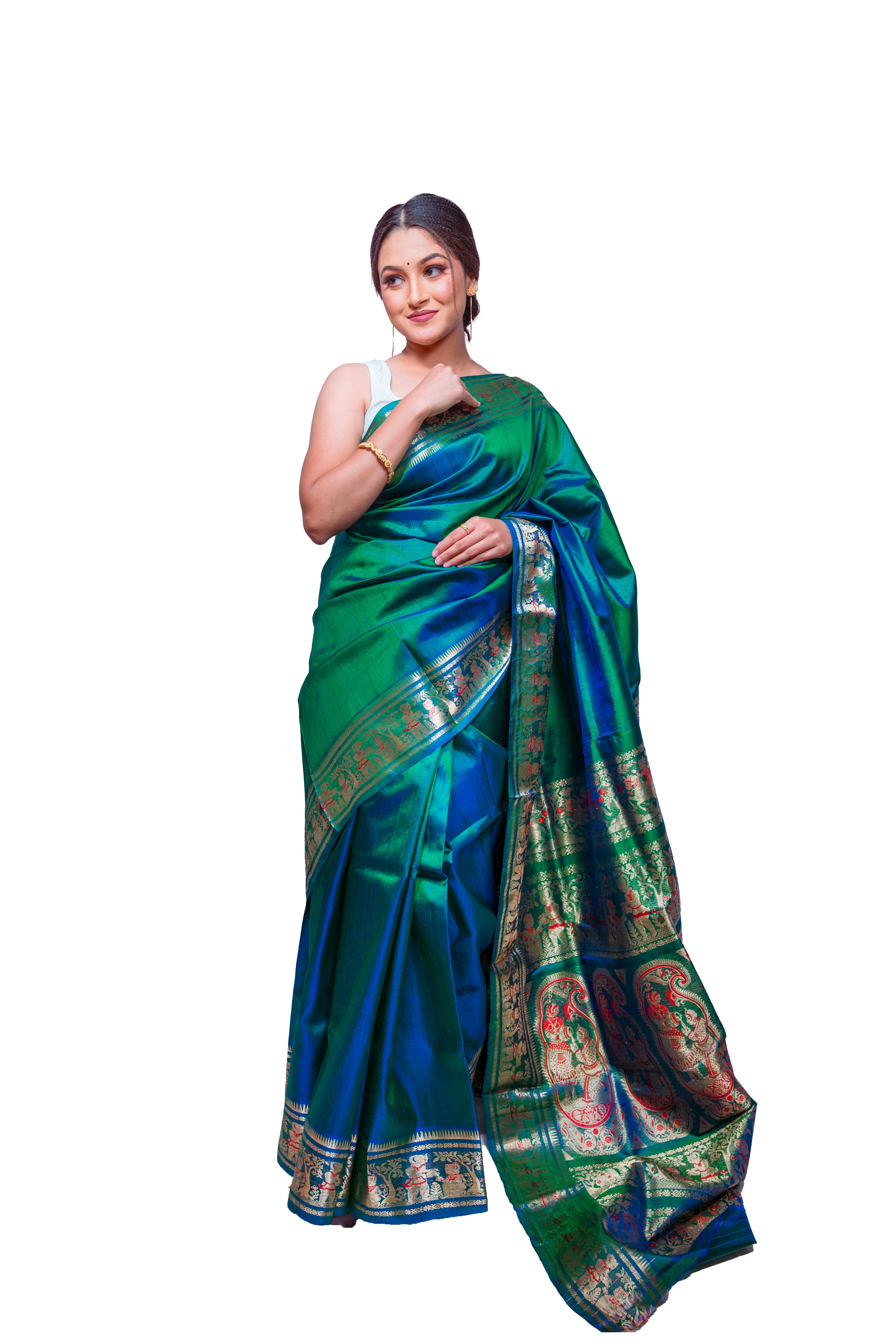 Green & Blue Garad Baluchuri Silk Saree with Traditional Zari Weaving