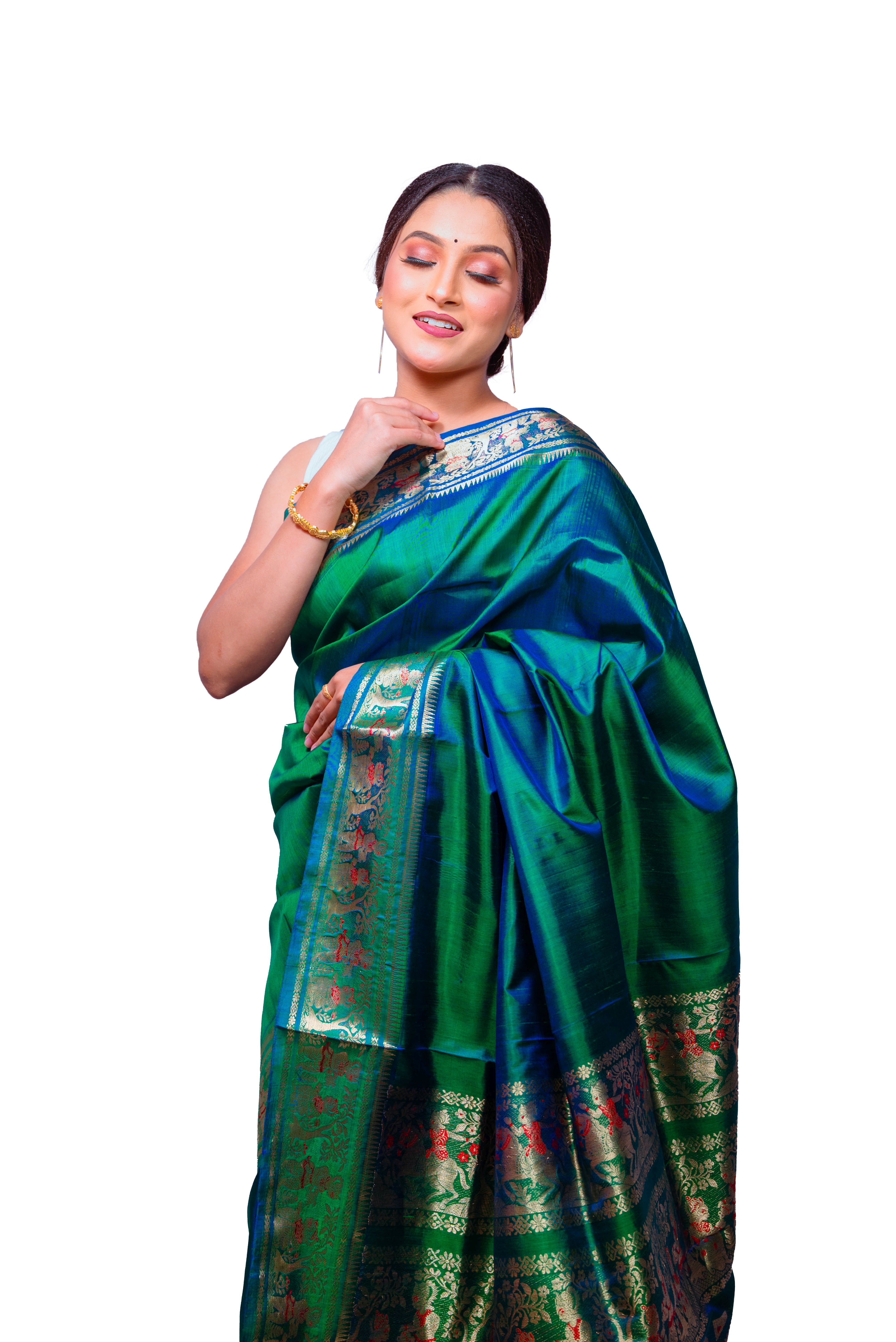 Green & Blue Garad Baluchuri Silk Saree with Traditional Zari Weaving