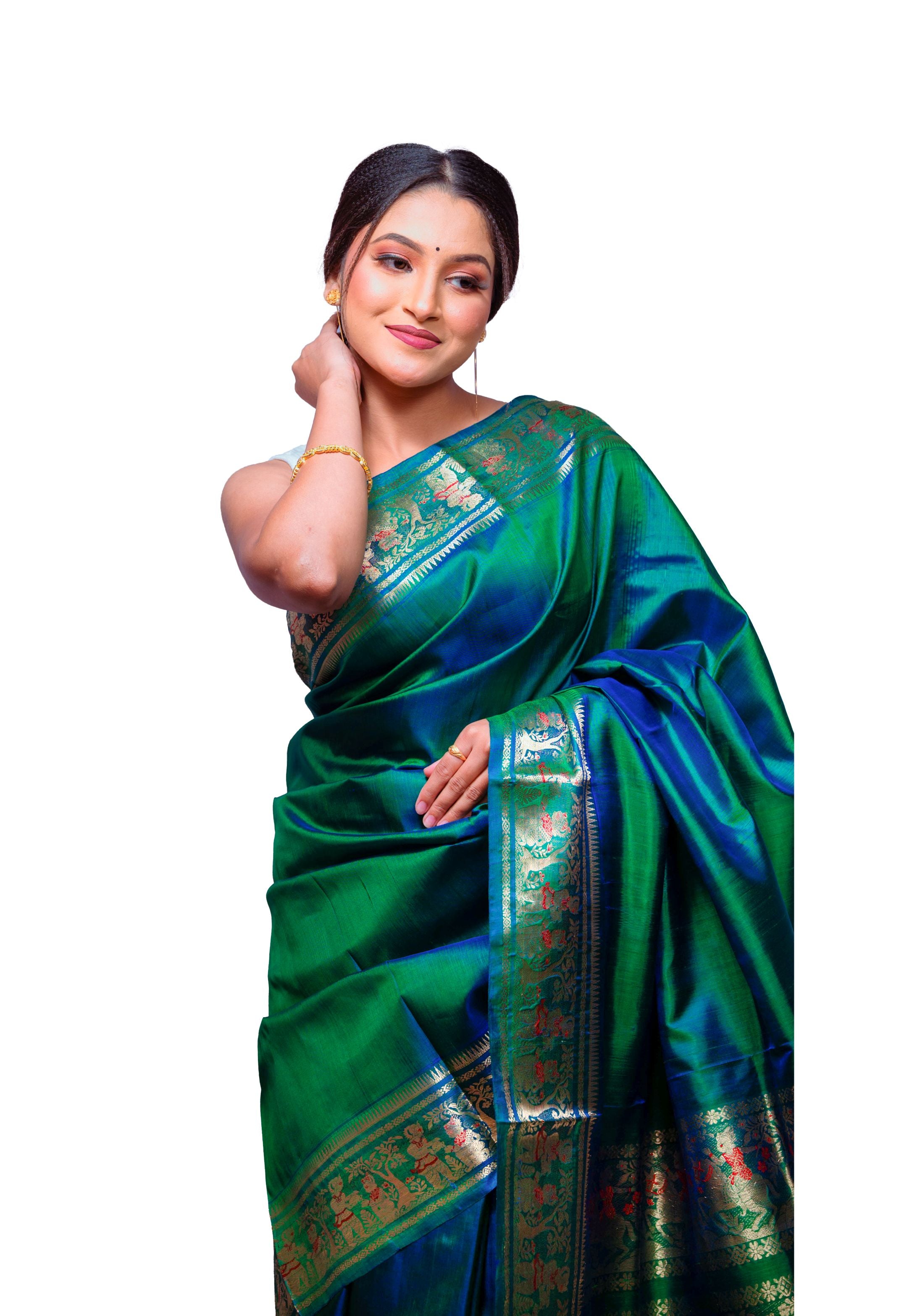 Green & Blue Garad Baluchuri Silk Saree with Traditional Zari Weaving