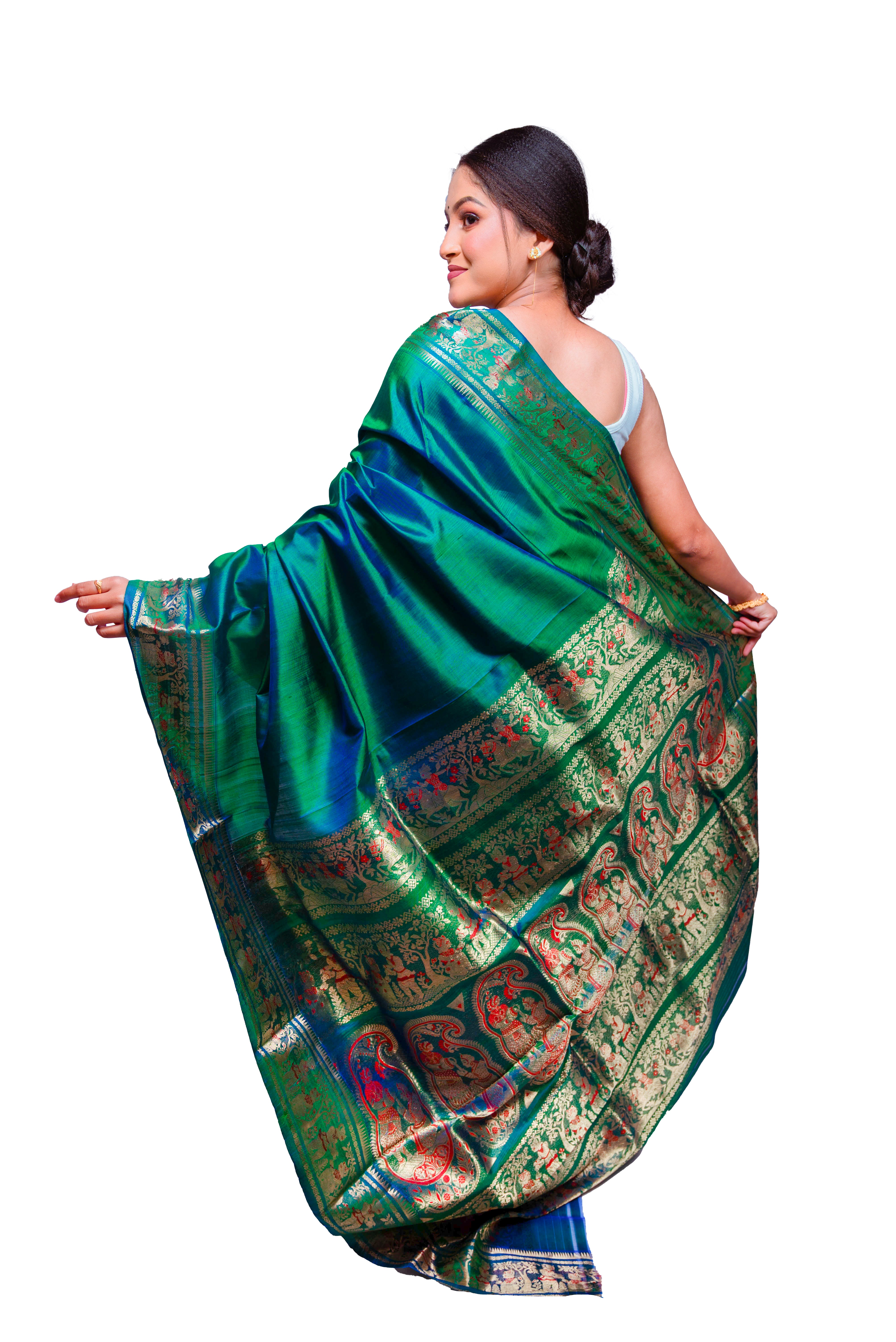 Green & Blue Garad Baluchuri Silk Saree with Traditional Zari Weaving