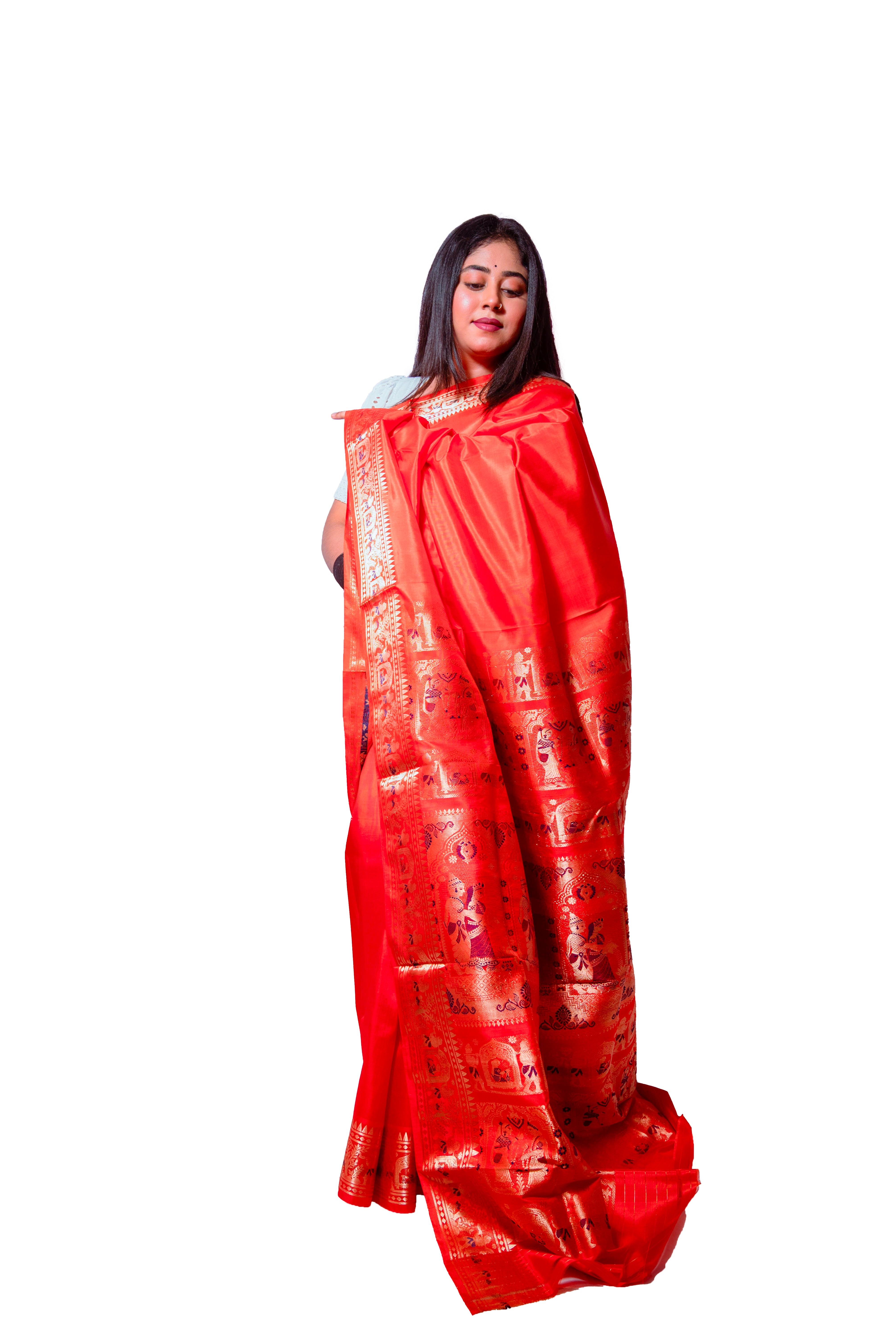 Elegant Orange Garad Baluchuri Silk Saree with Intricate Golden Zari Work