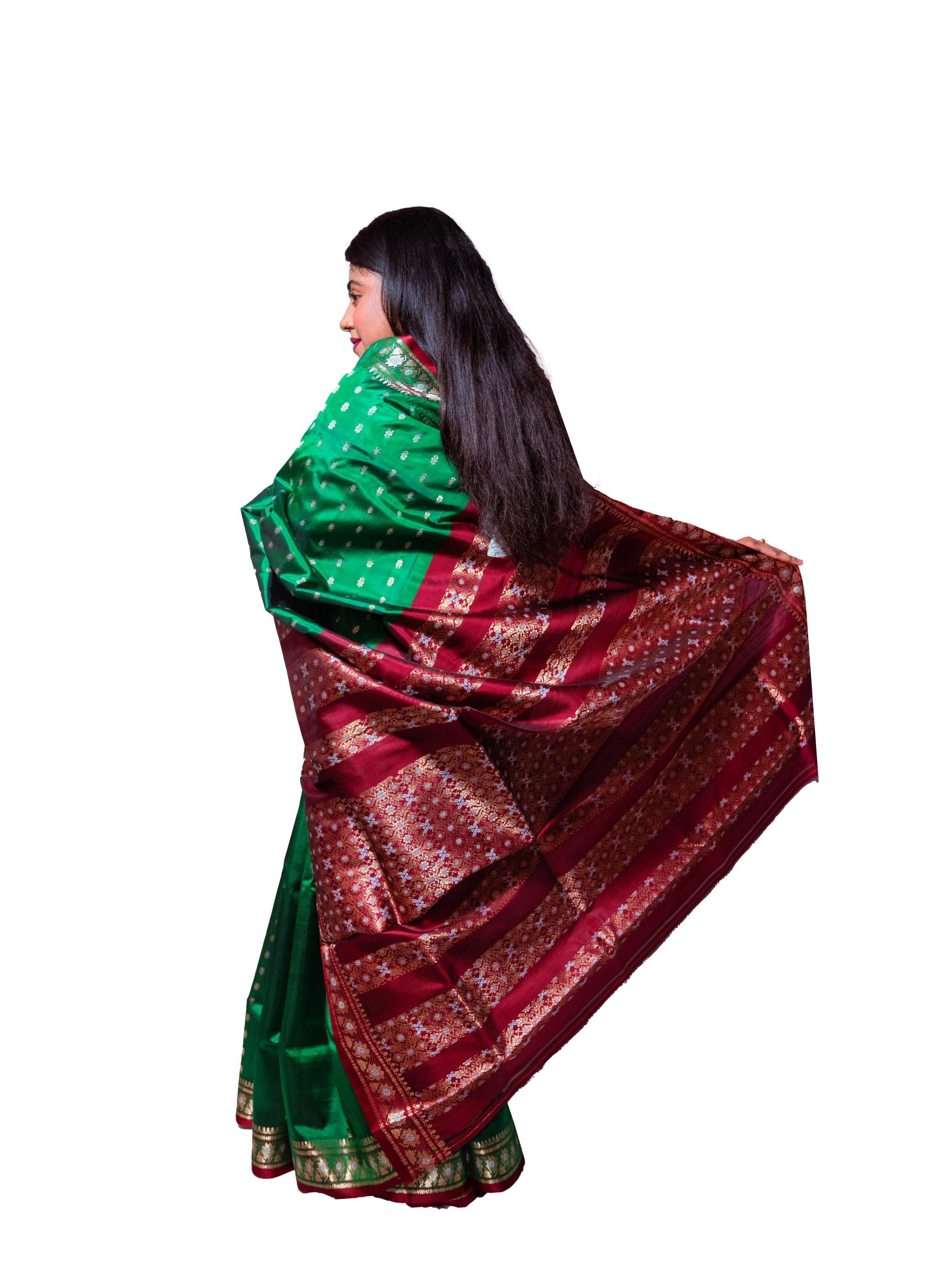 Traditional Green Garad Silk Saree with Maroon Zari Pallu & Intricate Weaves