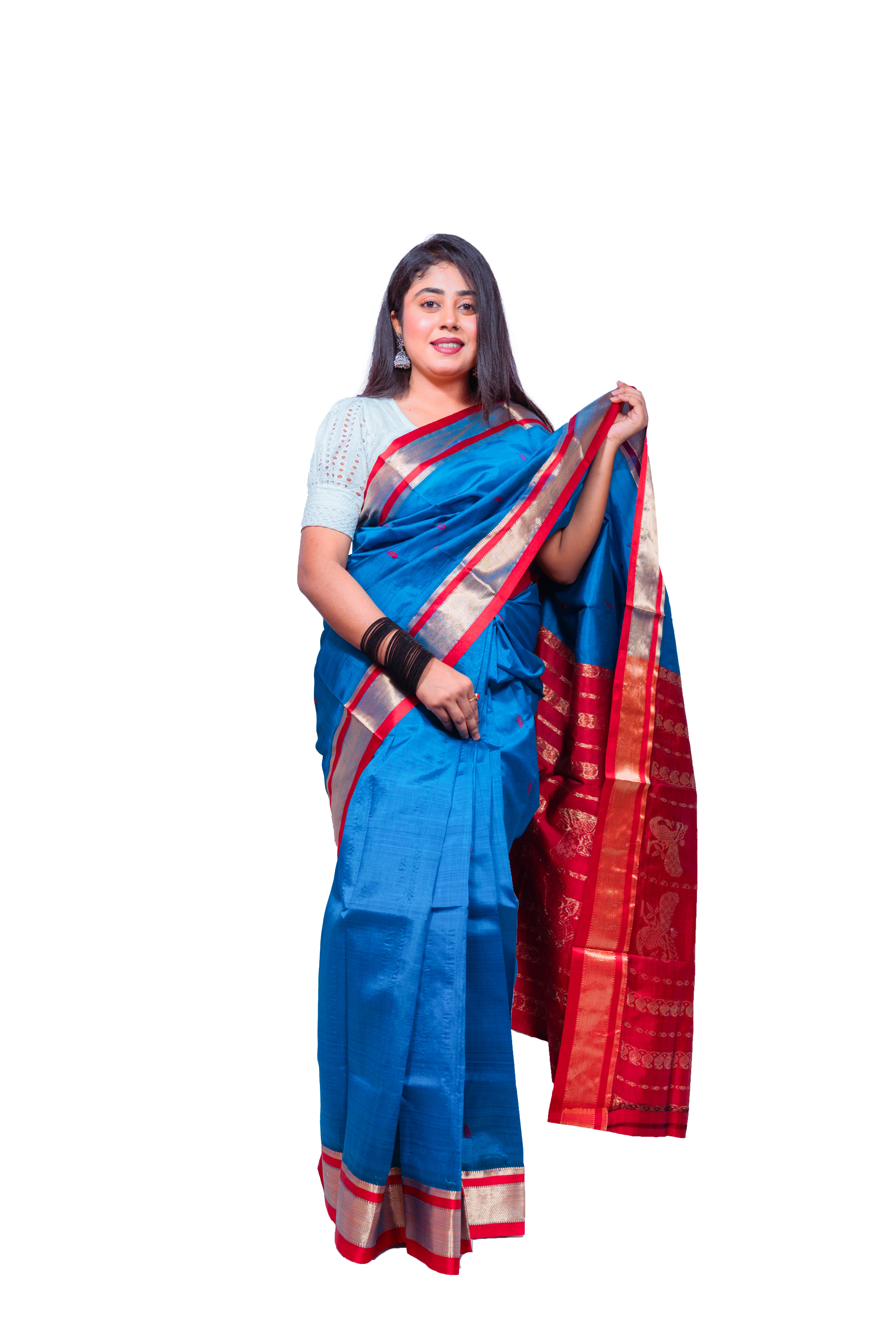 Blue Garad Kanjivaram Silk Saree with Red Zari Pallu & Golden Border