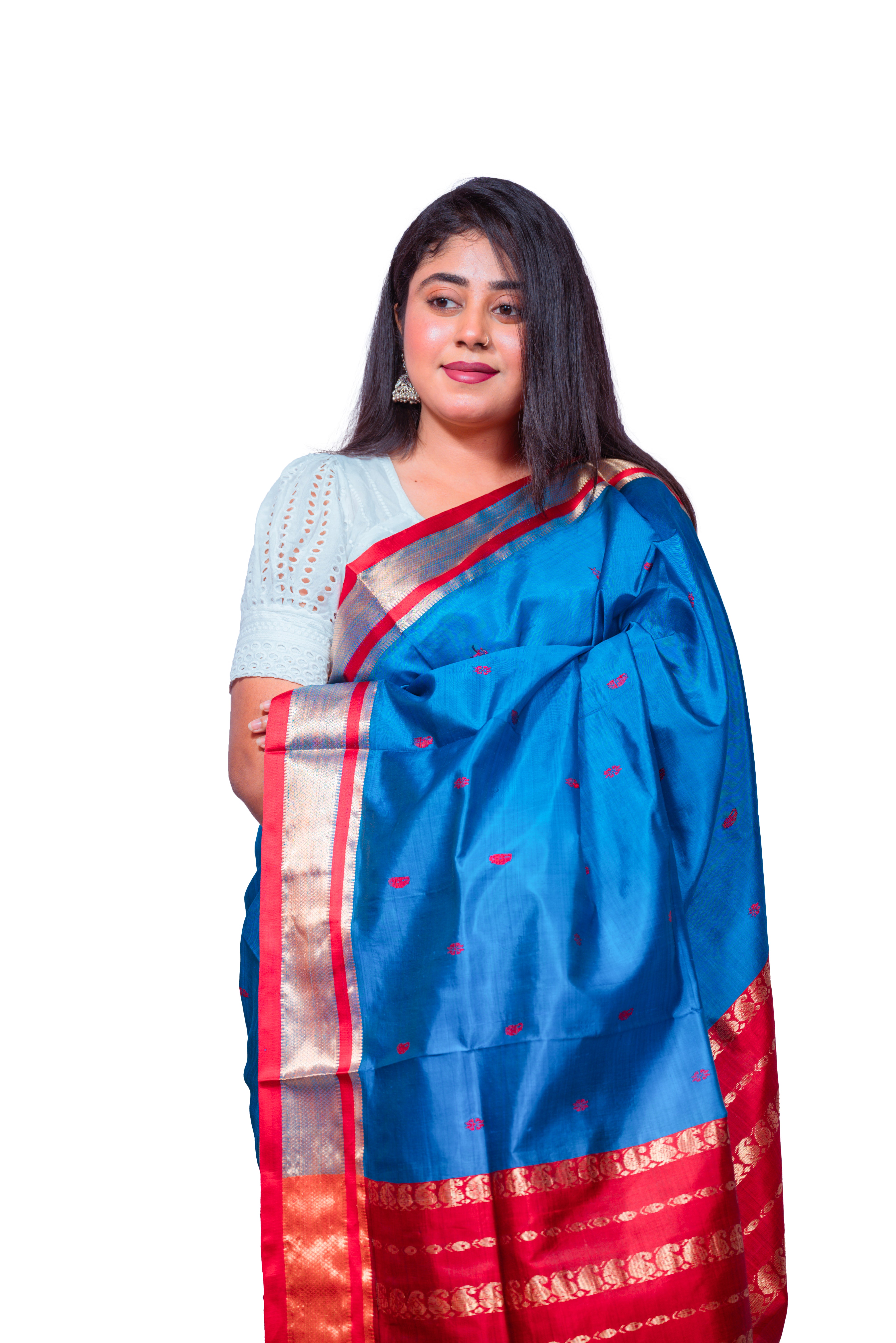 Blue Garad Kanjivaram Silk Saree with Red Zari Pallu & Golden Border