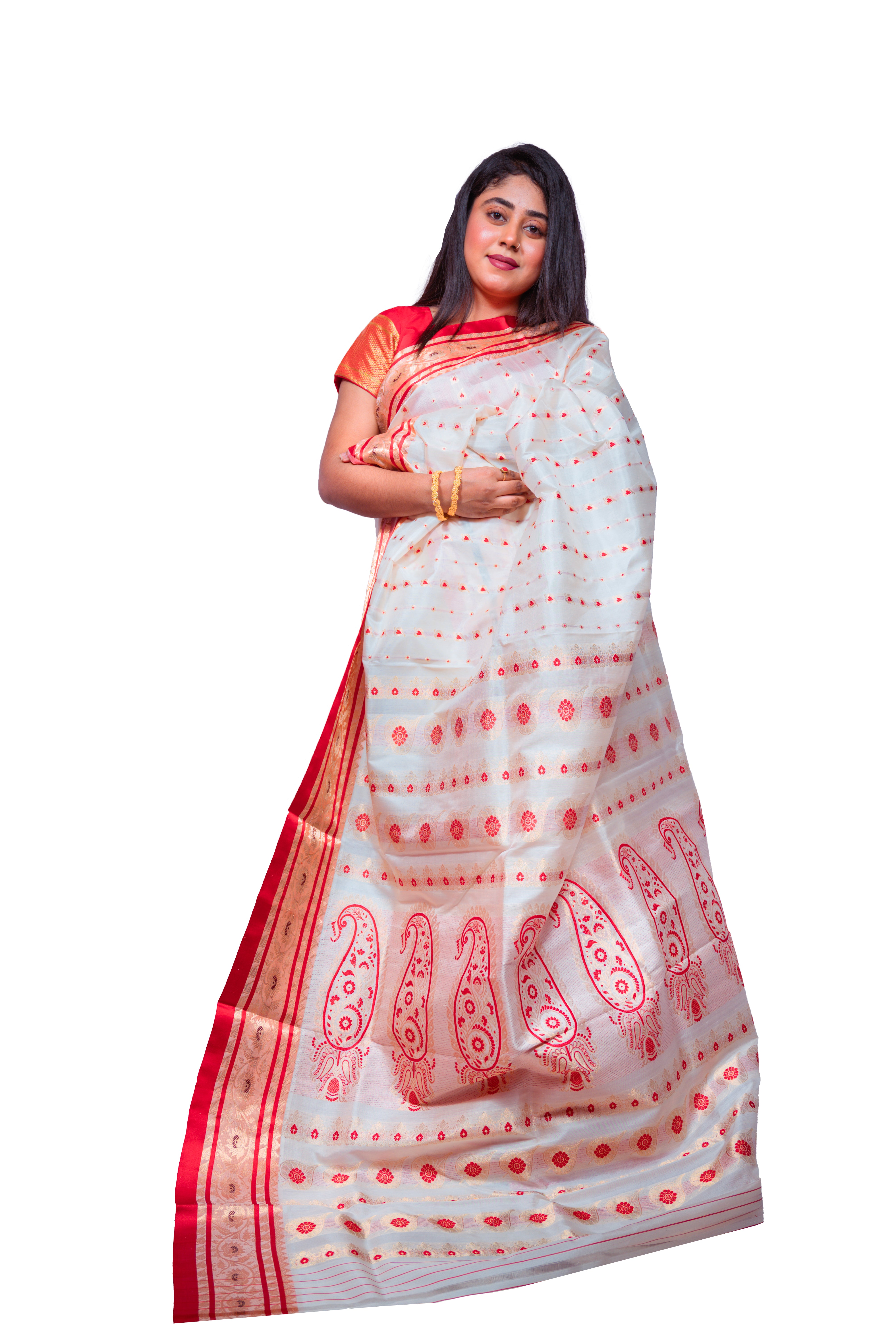 Elegant White Garad Silk Saree with Red Paisley & Golden Zari Border