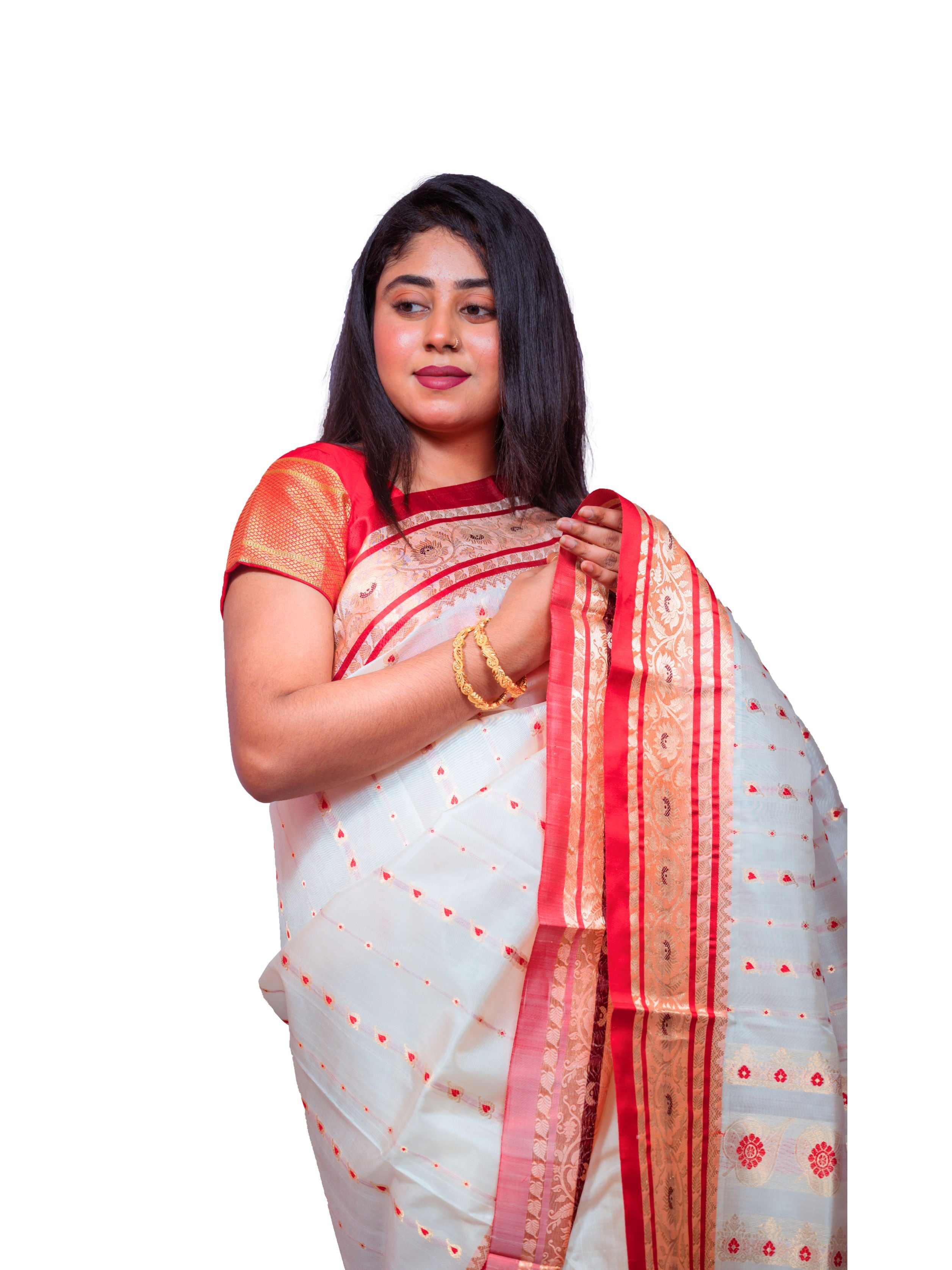 Elegant White Garad Silk Saree with Red Paisley & Golden Zari Border