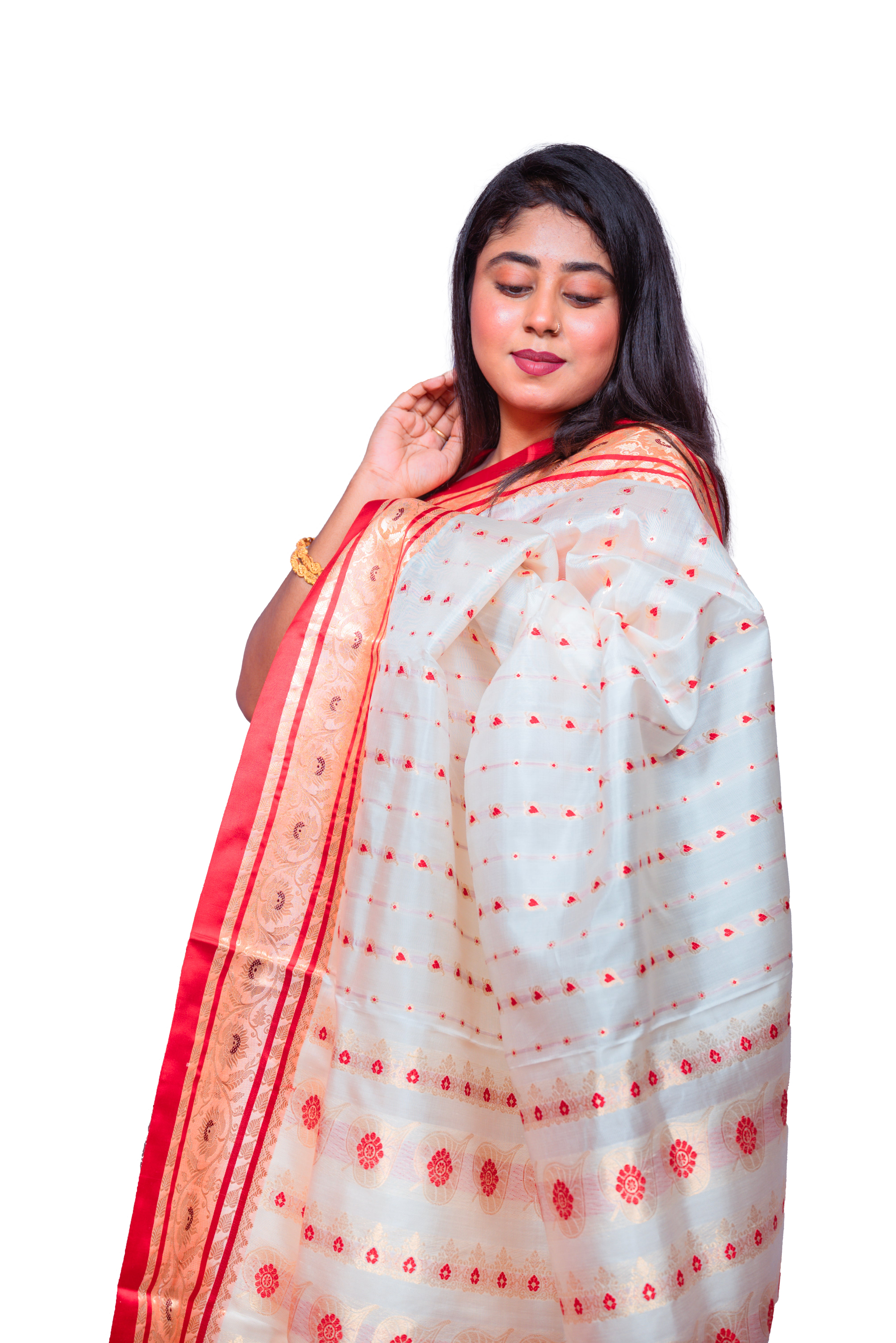 Elegant White Garad Silk Saree with Red Paisley & Golden Zari Border