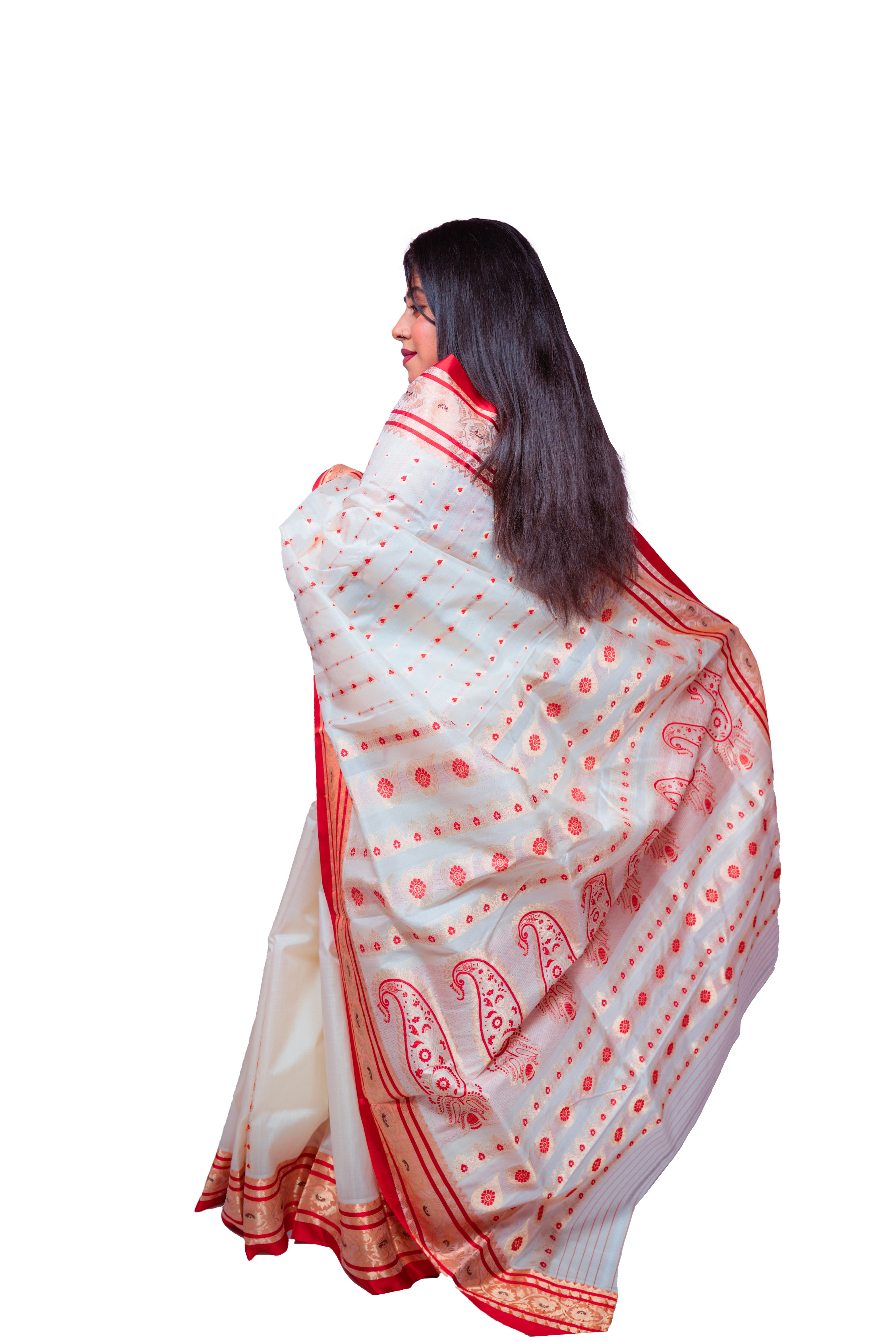 Elegant White Garad Silk Saree with Red Paisley & Golden Zari Border