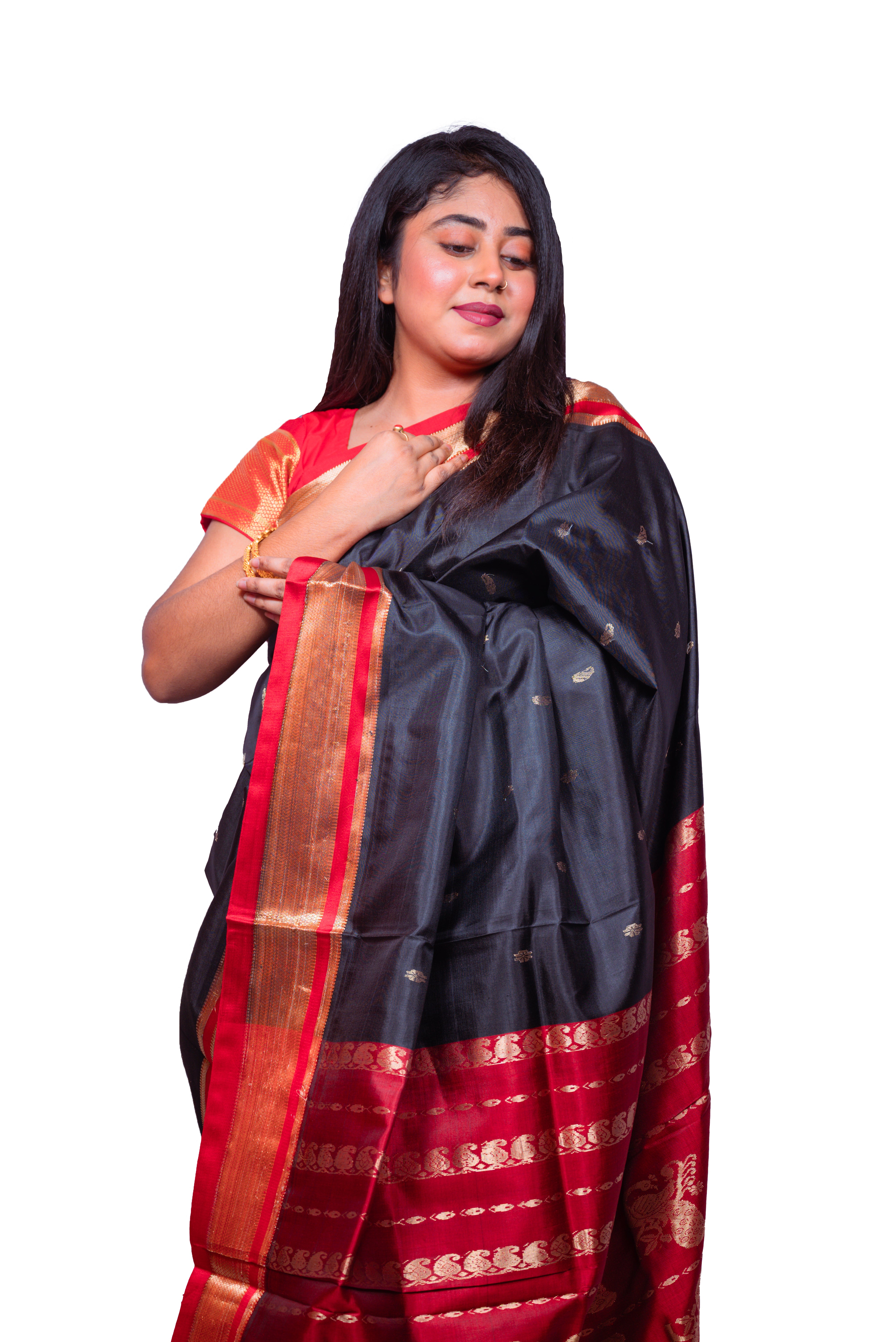 Classic Black Garad Silk Saree with Red Zari Pallu & Golden Border