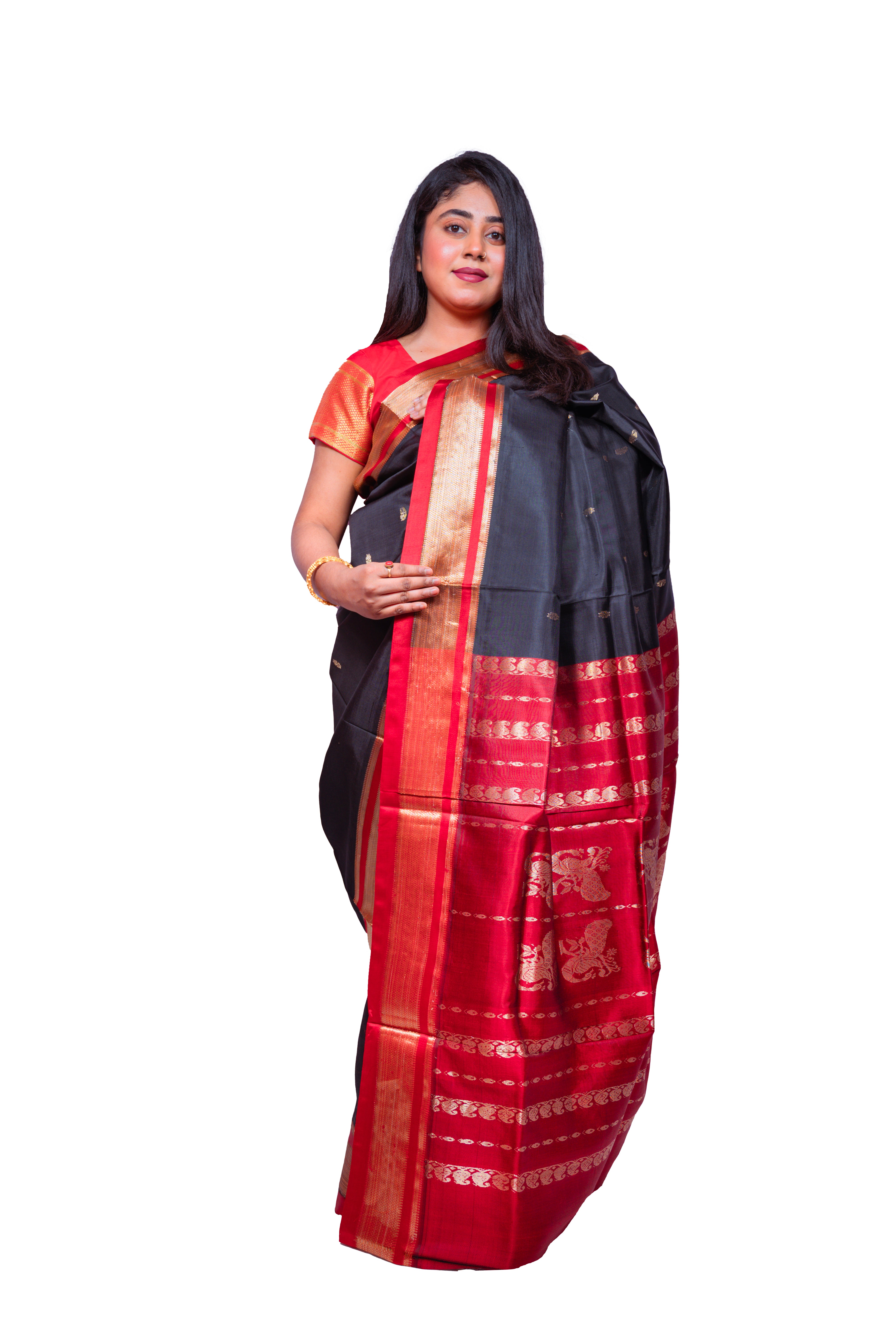 Classic Black Garad Silk Saree with Red Zari Pallu & Golden Border