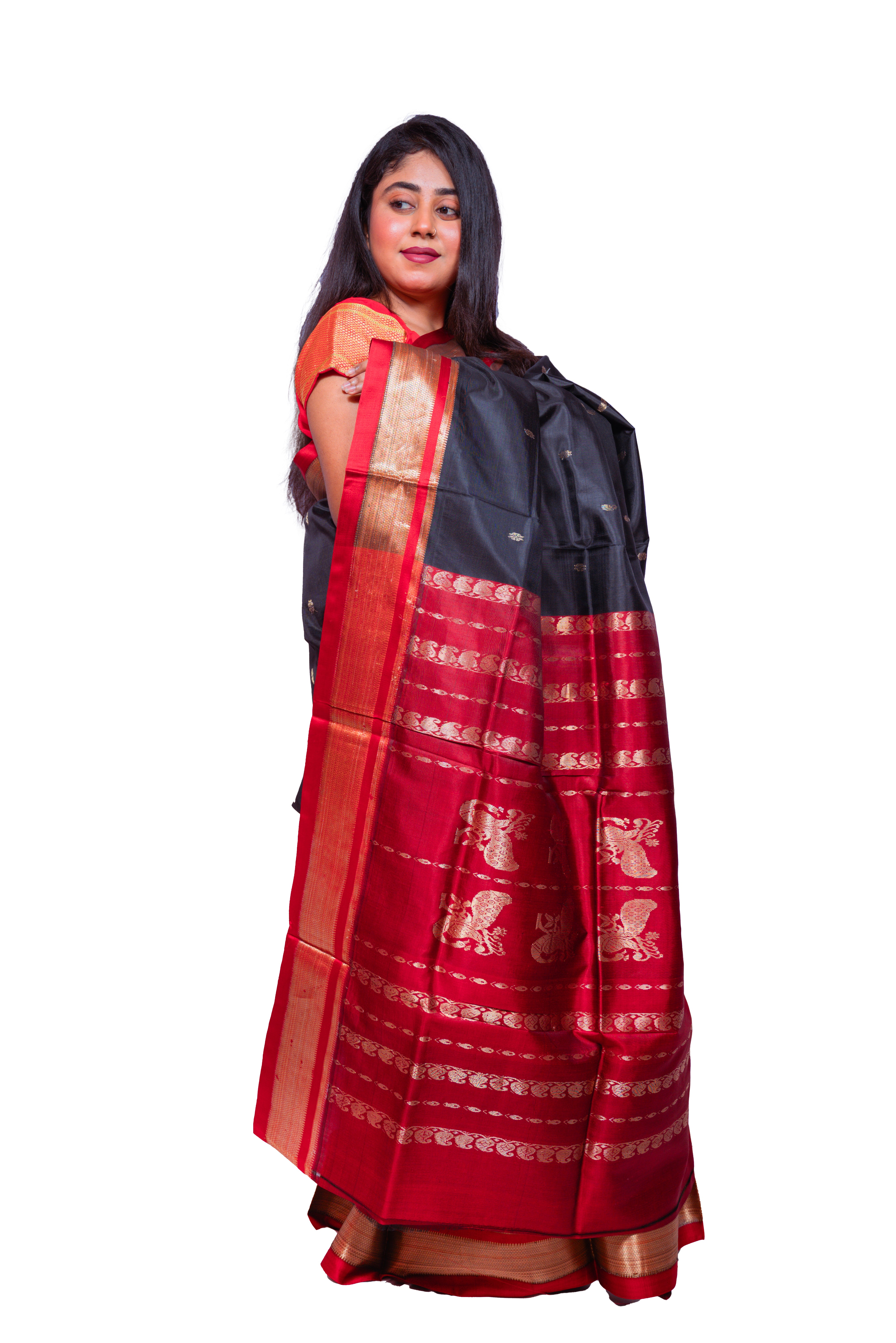 Classic Black Garad Silk Saree with Red Zari Pallu & Golden Border