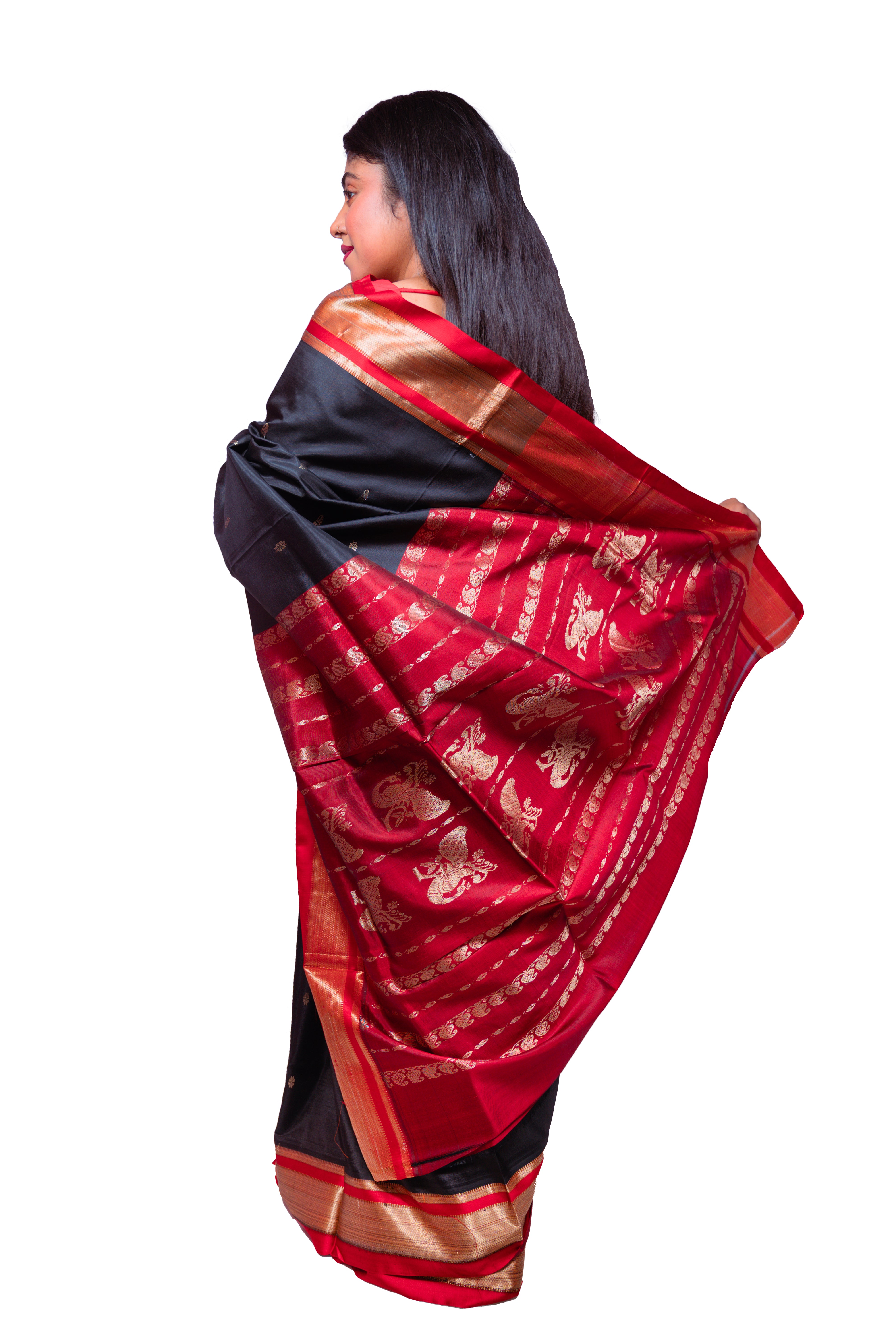 Classic Black Garad Silk Saree with Red Zari Pallu & Golden Border