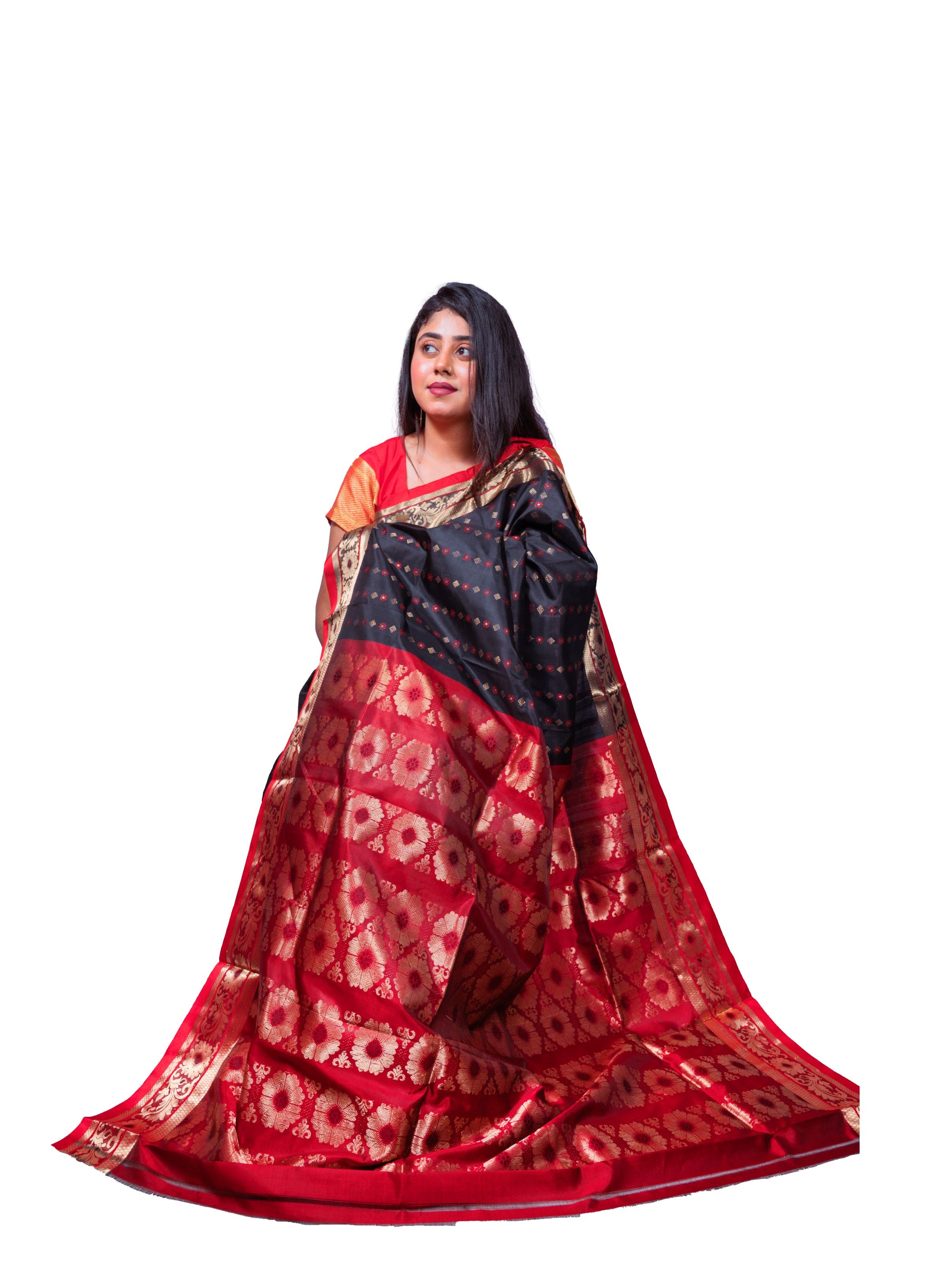 Classic Black & Red Garad Silk Saree with Golden Zari Weaving