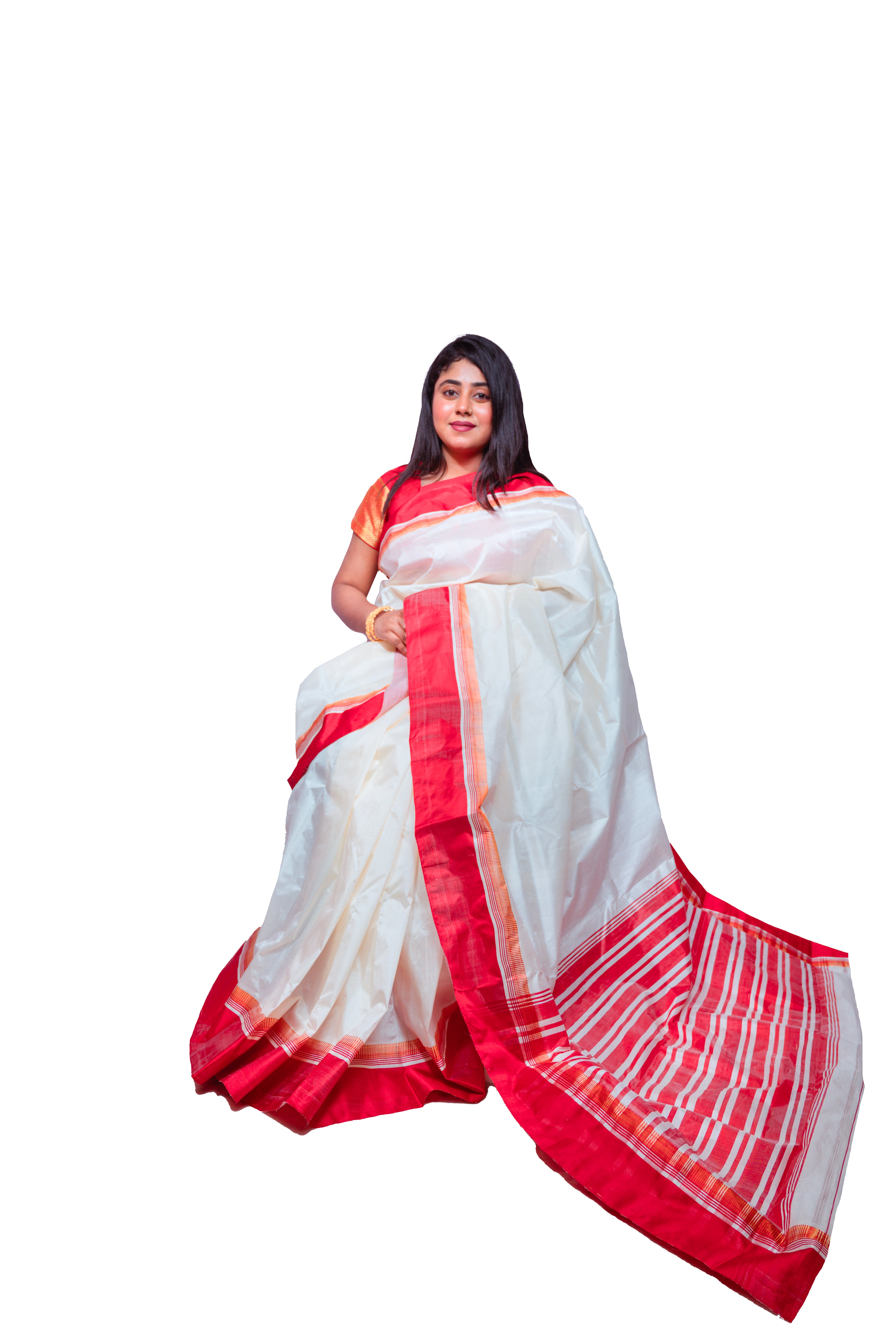 Elegant White Garad Silk Saree with Red Border & Traditional Striped Pallu
