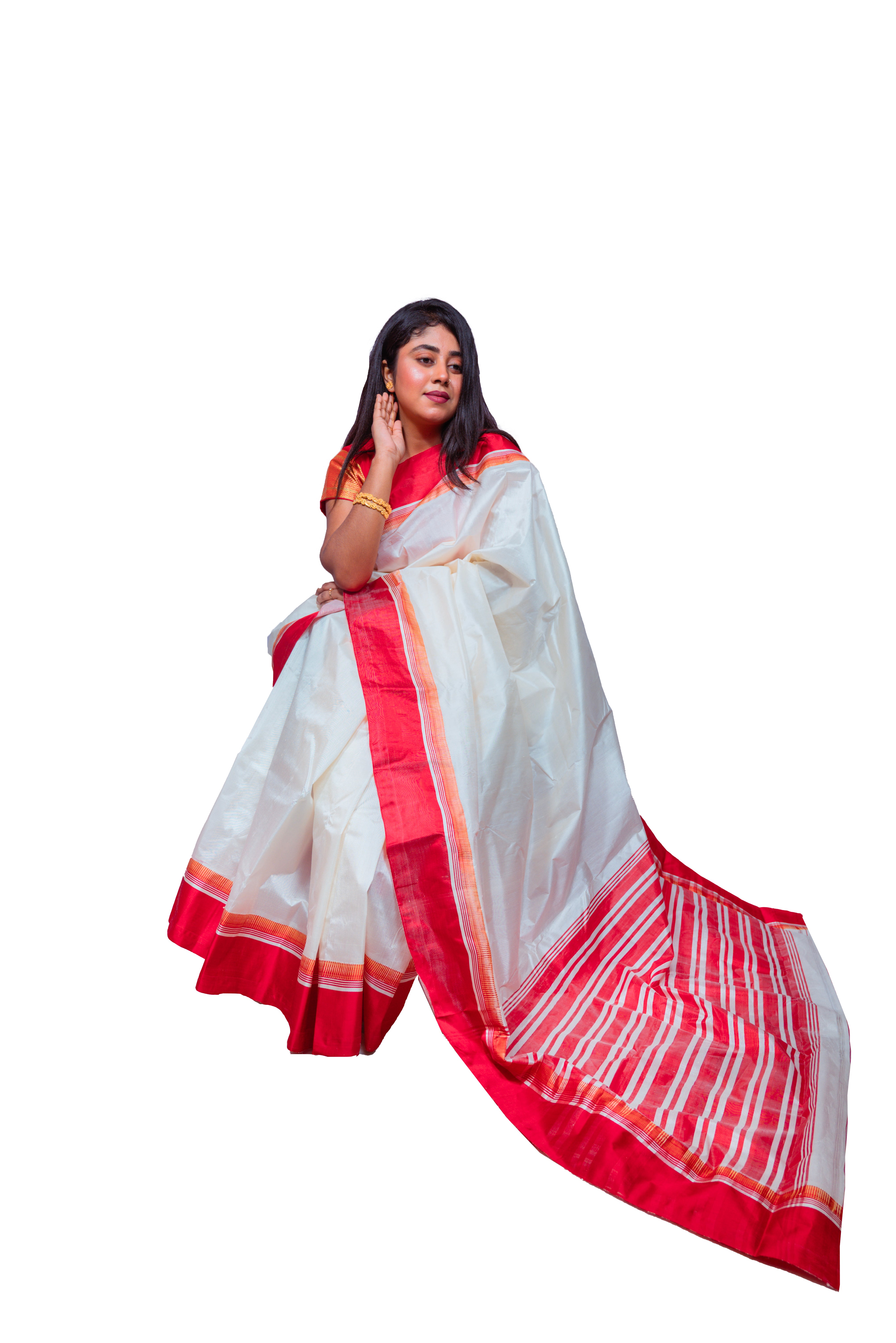 Elegant White Garad Silk Saree with Red Border & Traditional Striped Pallu