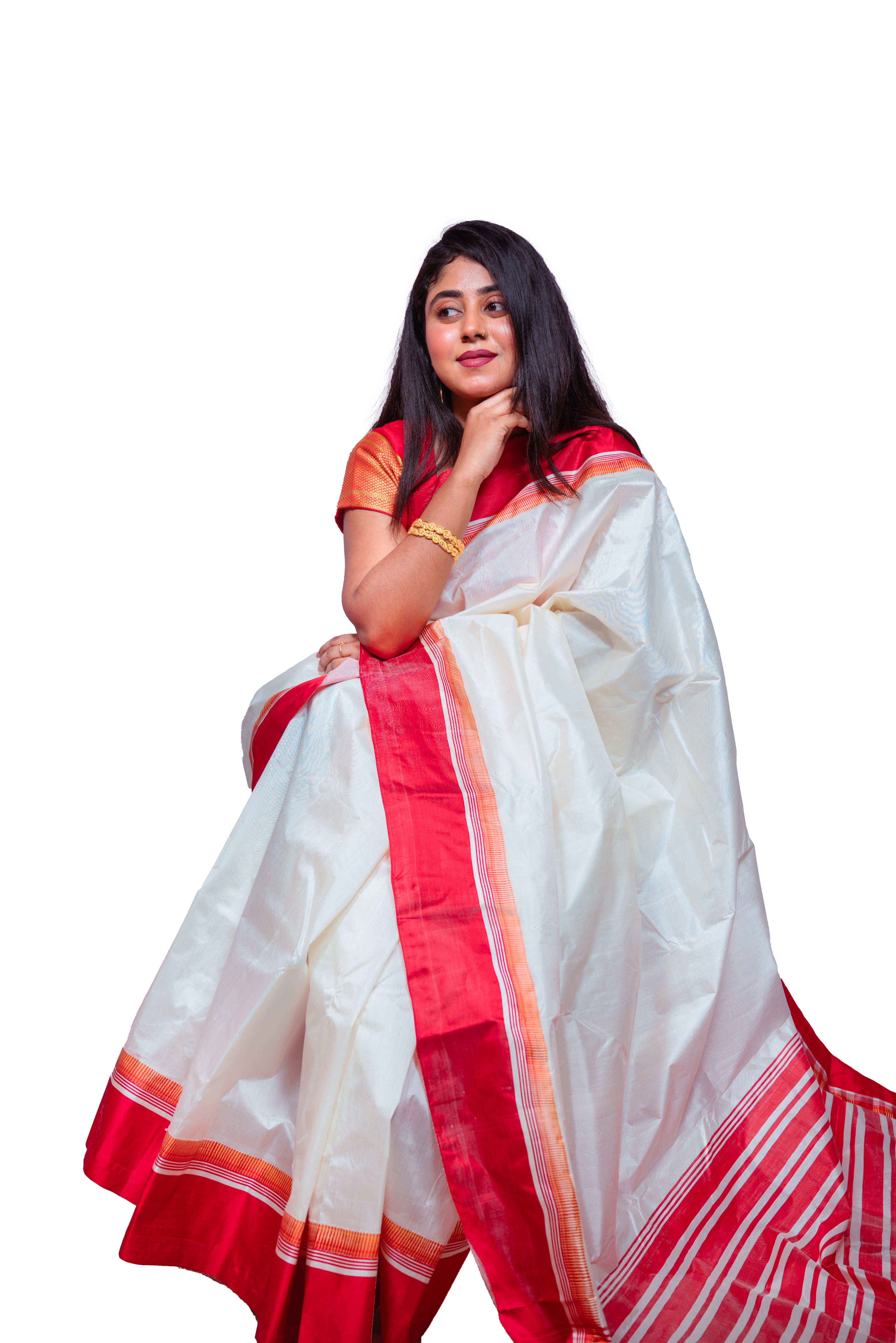 Elegant White Garad Silk Saree with Red Border & Traditional Striped Pallu