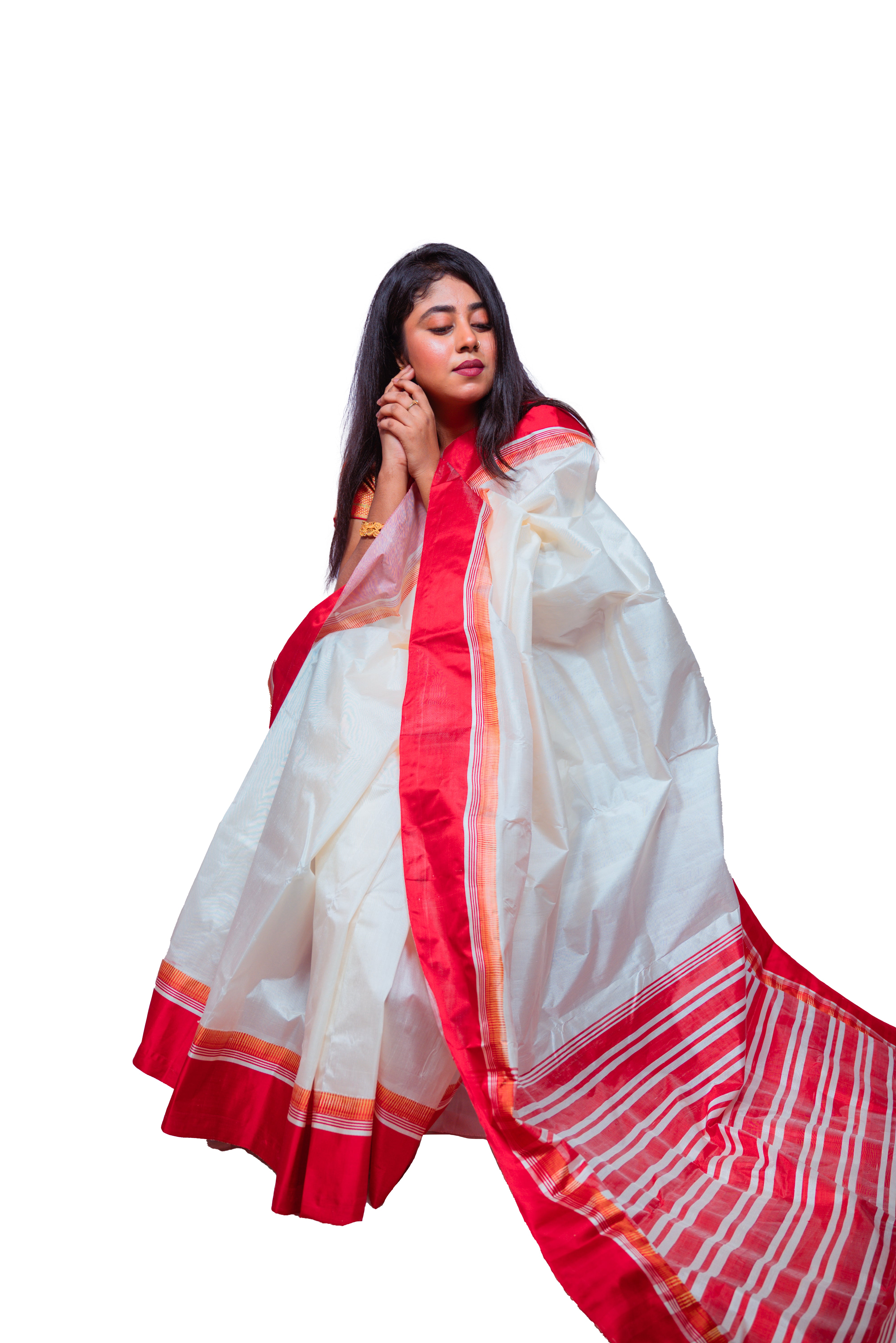 Elegant White Garad Silk Saree with Red Border & Traditional Striped Pallu